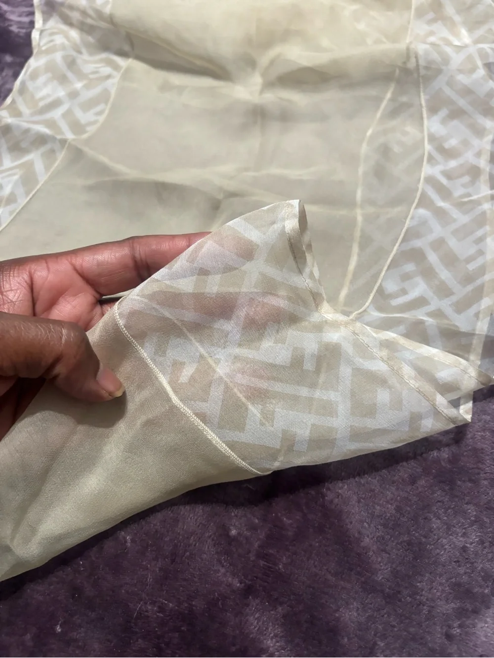 Fendi Sheer Ivory Organza Scarf with Geometric Border